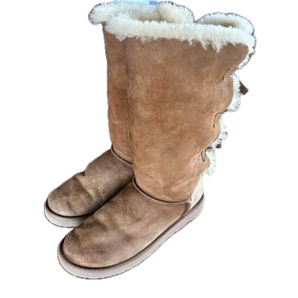 UGG Womens Size 10 Boots Bailey Knit Bow Tall Chestnut Brown Suede Shearl… - Picture 2 of 7